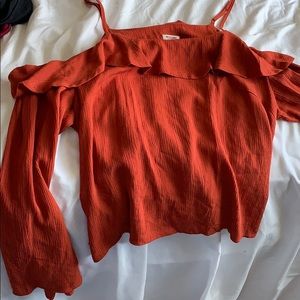 Orange Ruffle Cold Shoulder Blouse Top